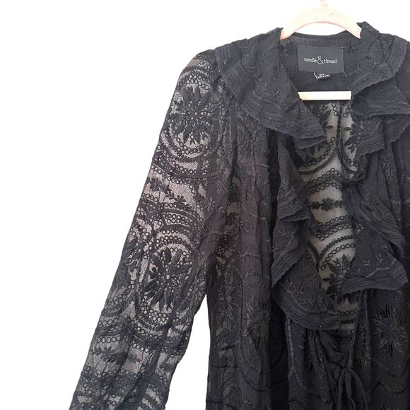 NEEDLE & THREAD Lace Ruffled‎ Wrap Midi Dress Black Sz 6 - Picture 6 of 7